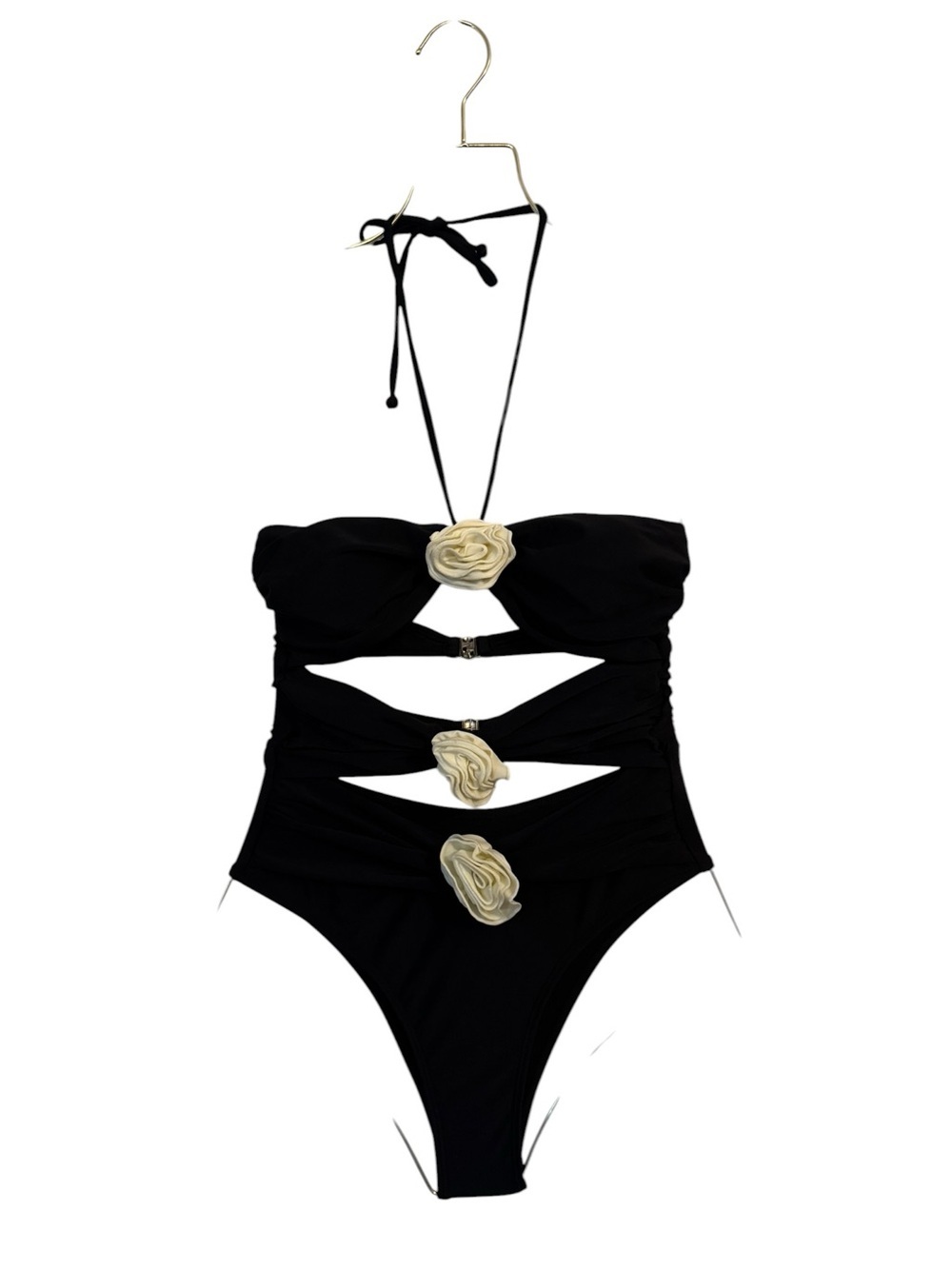 Black One-Piece Cutout Swimsuit with Ivory Floral Accents Padded Cups Size Small